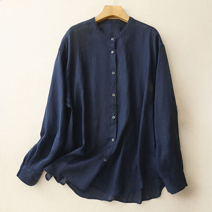 Camisa de manga larga de algodón para mujer, color liso, cuello redondo y botones, con estampado de Buddha Stones. - Azul medianoche - US8-10，UK/AU12-14，EU40-42 (2XL) - image 0