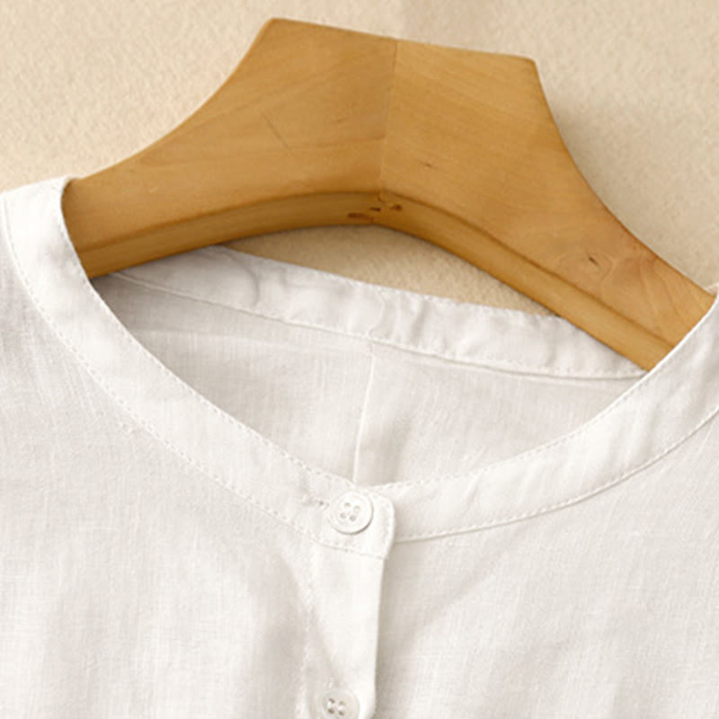 Camisa de manga larga de algodón para mujer, color liso, cuello redondo y botones, con estampado de Buddha Stones. - image 10