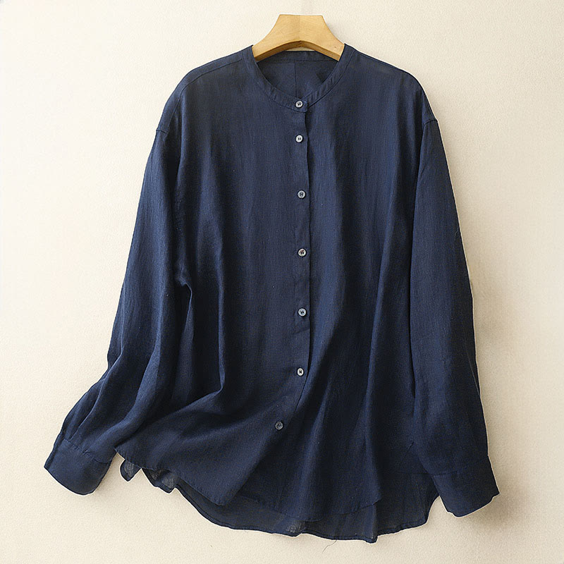 Camisa de manga larga para mujer con cuello redondo y botones, diseño de Buddha Stones, color liso. - Azul medianoche - US8-10，UK/AU12-14，EU40-42 (2XL) - image 0