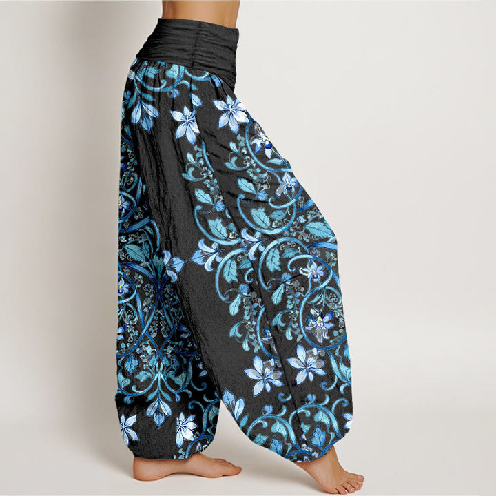 Pantalones bombachos de cintura elástica para mujer con estampado simétrico de flores, hojas y enredaderas de algodón con Buddha Stones - image 2