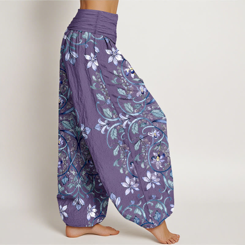 Pantalones bombachos de cintura elástica para mujer con estampado simétrico de flores, hojas y enredaderas de algodón con Buddha Stones - image 7
