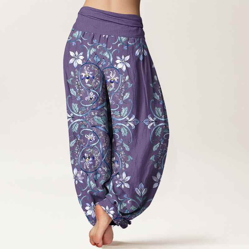 Pantalones bombachos de cintura elástica para mujer con estampado simétrico de flores, hojas y enredaderas de algodón con Buddha Stones - image 6