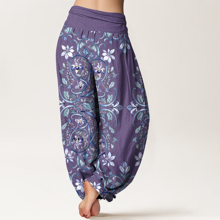 Pantalones bombachos de cintura elástica para mujer con estampado simétrico de flores, hojas y enredaderas de algodón con Buddha Stones - image 6