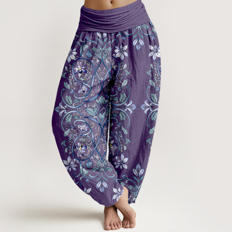 Pantalones bombachos de cintura elástica para mujer con estampado simétrico de flores, hojas y enredaderas de algodón con Buddha Stones - Orquídea Oscura - US16，UK/AU20，EU48 (3XL) - image 5