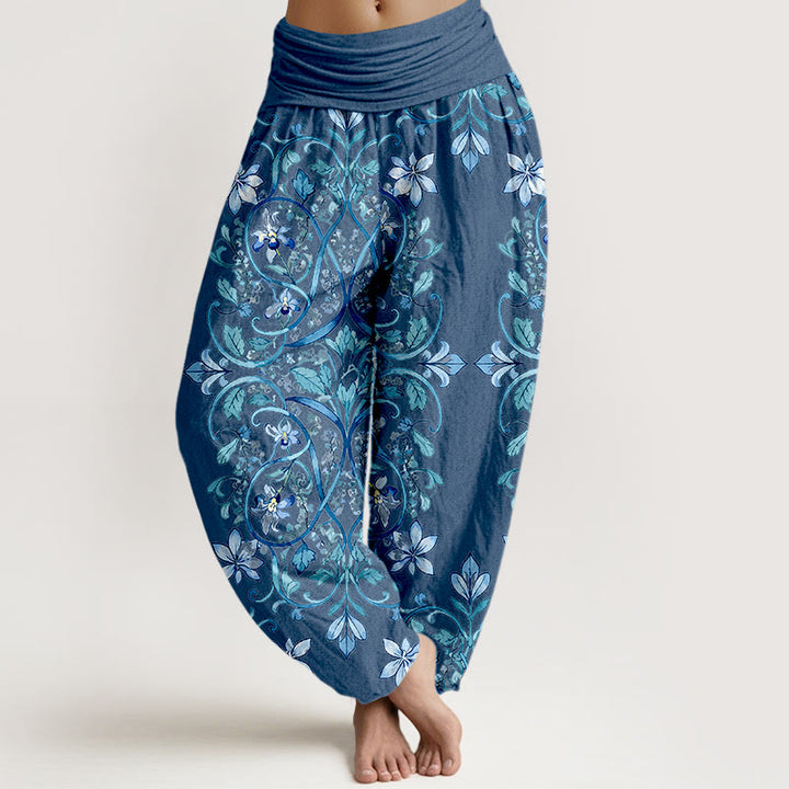 Pantalones bombachos de cintura elástica para mujer con estampado simétrico de flores, hojas y enredaderas de algodón con Buddha Stones - Azul real - US16，UK/AU20，EU48 (3XL) - image 8