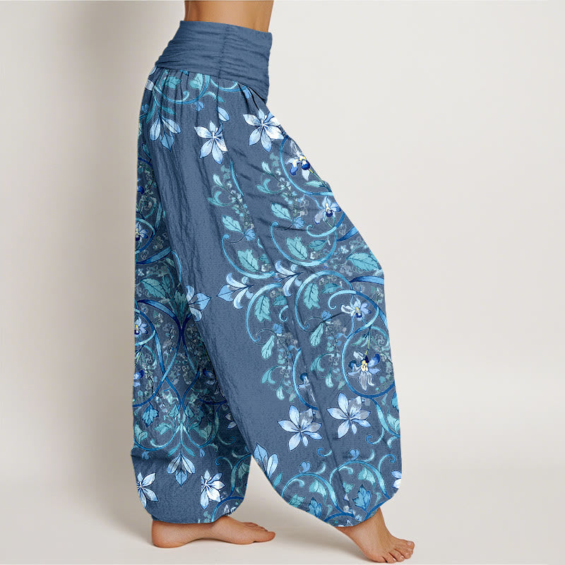 Pantalones bombachos de cintura elástica para mujer con estampado simétrico de flores, hojas y enredaderas de algodón con Buddha Stones - image 10