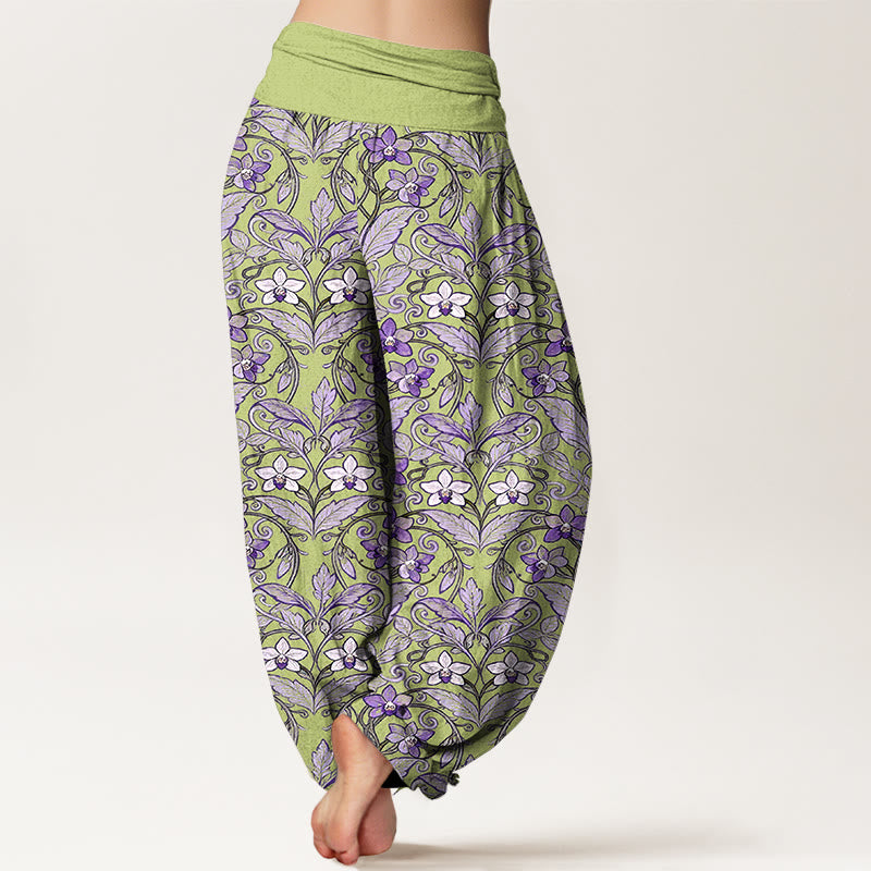 Pantalones bombachos de cintura elástica para mujer con estampado de flores, hojas y estrellas en algodón con Buddha Stones - image 1