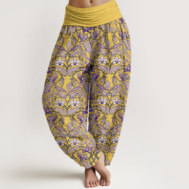Pantalones bombachos de cintura elástica para mujer con estampado de flores, hojas y estrellas en algodón con Buddha Stones - Vara de oro - US16，UK/AU20，EU48 (3XL) - image 5