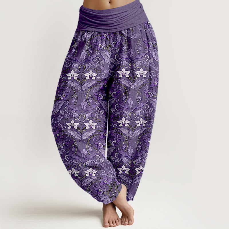 Pantalones bombachos de cintura elástica para mujer con estampado de flores, hojas y estrellas en algodón con Buddha Stones - Morado medio - US16，UK/AU20，EU48 (3XL) - image 11