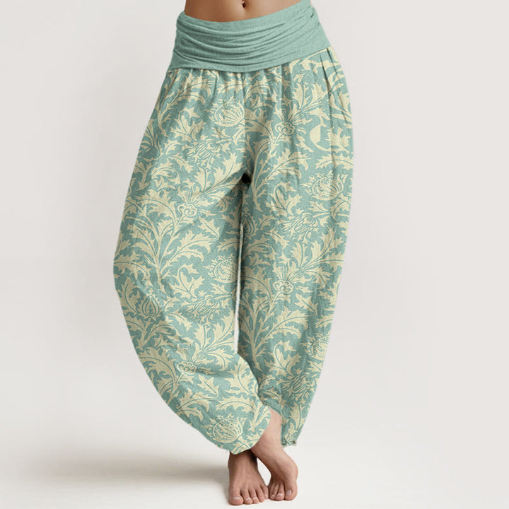 Pantalones bombachos de cintura elástica para mujer con estampado de flores de algodón, capullos y hojas dentadas con Buddha Stones. - Turquesa - US16，UK/AU20，EU48 (3XL) - image 0
