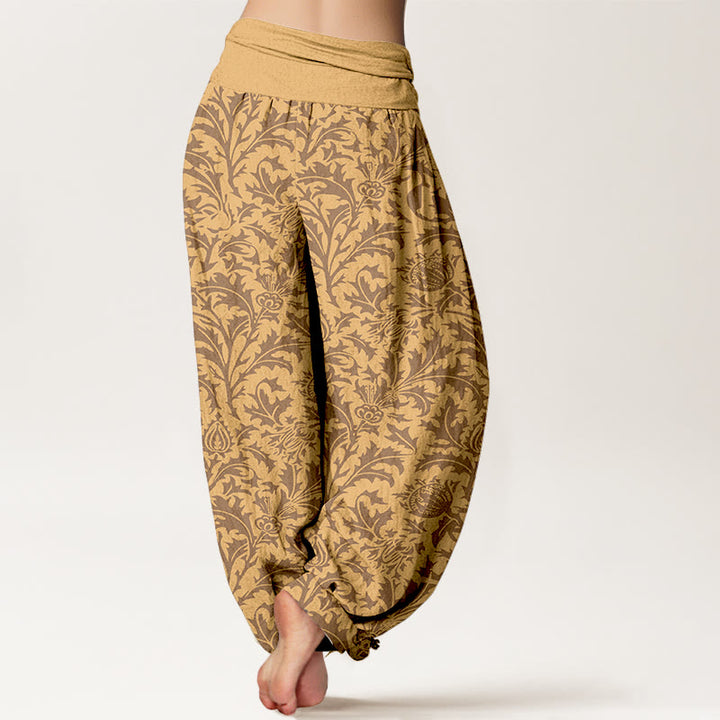 Pantalones bombachos de cintura elástica para mujer con estampado de flores de algodón, capullos y hojas dentadas con Buddha Stones. - image 6