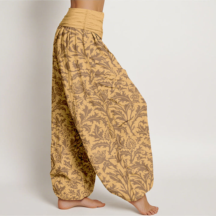 Pantalones bombachos de cintura elástica para mujer con estampado de flores de algodón, capullos y hojas dentadas con Buddha Stones. - image 7