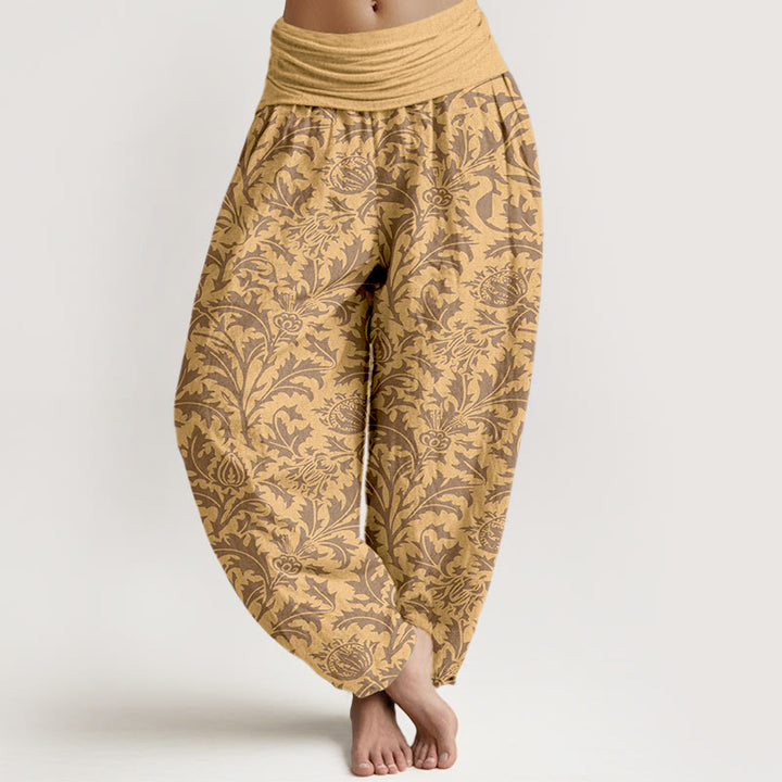 Pantalones bombachos de cintura elástica para mujer con estampado de flores de algodón, capullos y hojas dentadas con Buddha Stones. - SandyBrown - US16，UK/AU20，EU48 (3XL) - image 5
