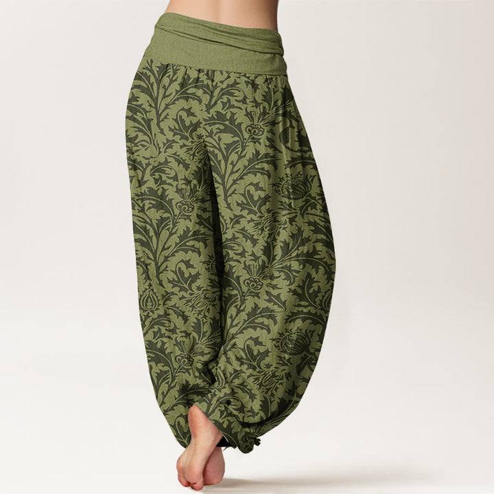 Pantalones bombachos de cintura elástica para mujer con estampado de flores de algodón, capullos y hojas dentadas con Buddha Stones. - image 9