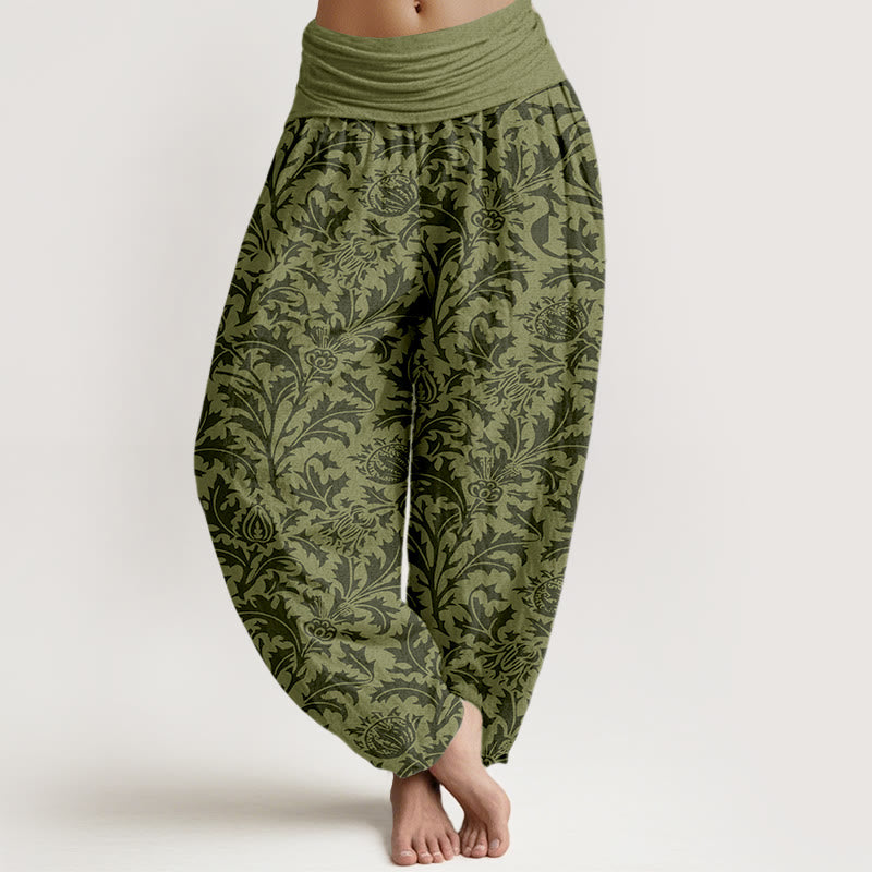 Pantalones bombachos de cintura elástica para mujer con estampado de flores de algodón, capullos y hojas dentadas con Buddha Stones. - Verde oliva oscuro - US16，UK/AU20，EU48 (3XL) - image 8