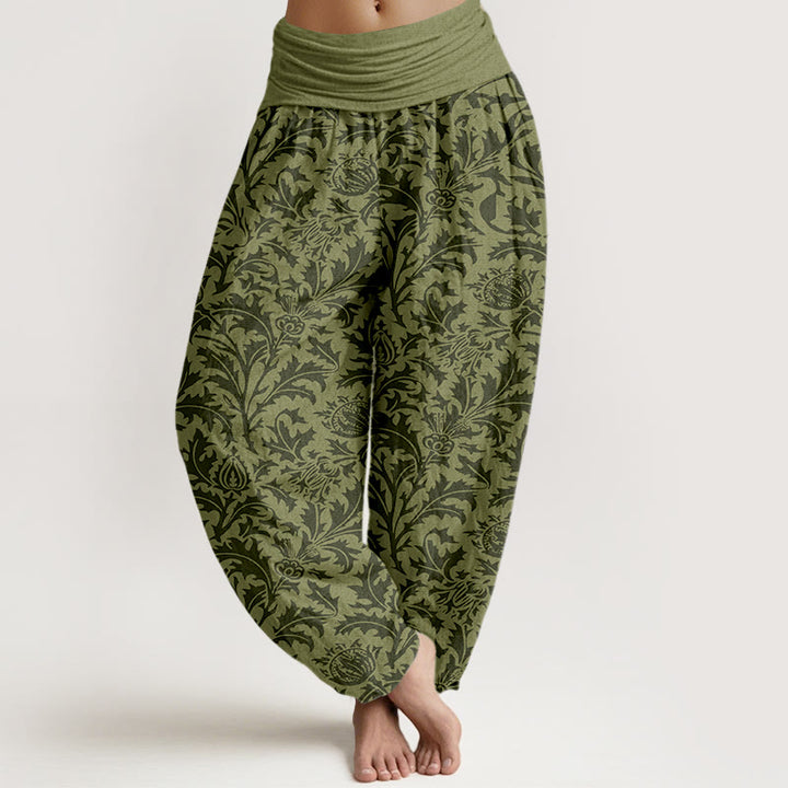 Pantalones bombachos de cintura elástica para mujer con estampado de flores de algodón, capullos y hojas dentadas con Buddha Stones. - Verde oliva oscuro - US16，UK/AU20，EU48 (3XL) - image 8