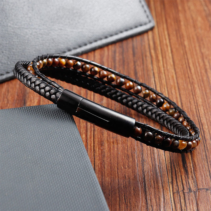 Pulsera de cuero reforzada con protección de acero de titanio y ojo de tigre con Buddha Stones - image 2