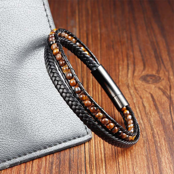 Pulsera de cuero reforzada con protección de acero de titanio y ojo de tigre con Buddha Stones - image 4