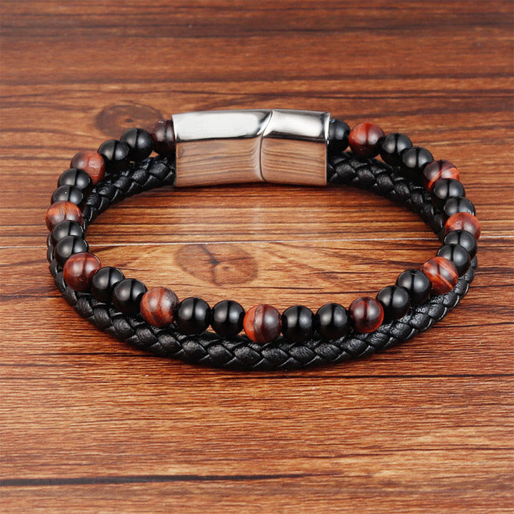 Pulsera protectora de cuero con Buddha Stones, ónix negro, ojo de tigre y acero de titanio - image 1