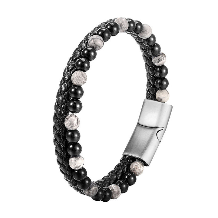 Pulsera de cuero con Buddha Stones, ónix negro, jaspe gris y acero de titanio. - image 9