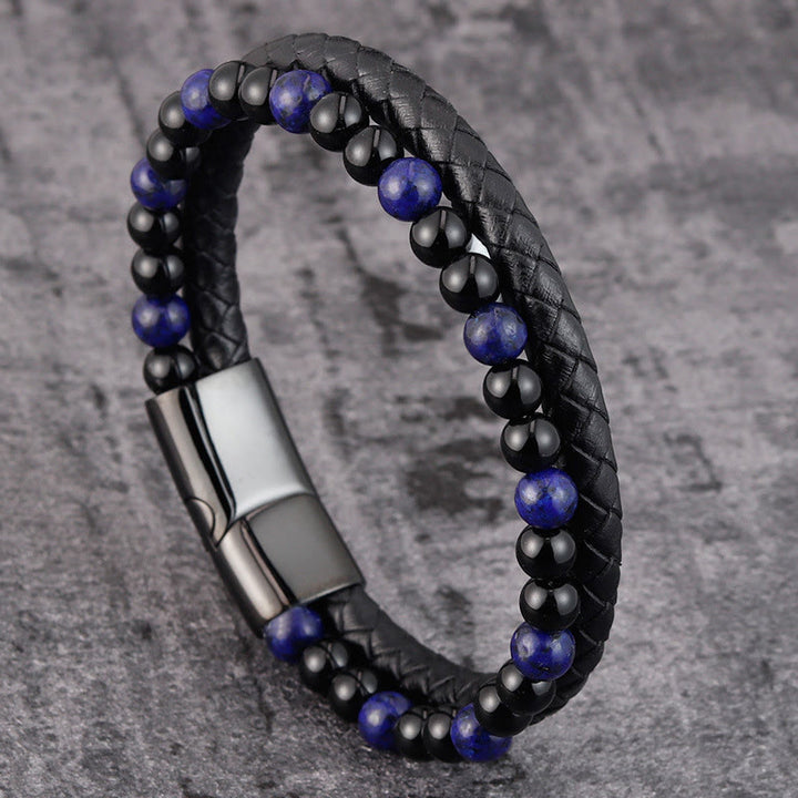 Pulsera de cuero con Buddha Stones, ónix negro, lazurita y acero de titanio para el cuidado personal positivo - Lazurita de ónix negro (circunferencia de la muñeca: 18-19 cm) - image 0