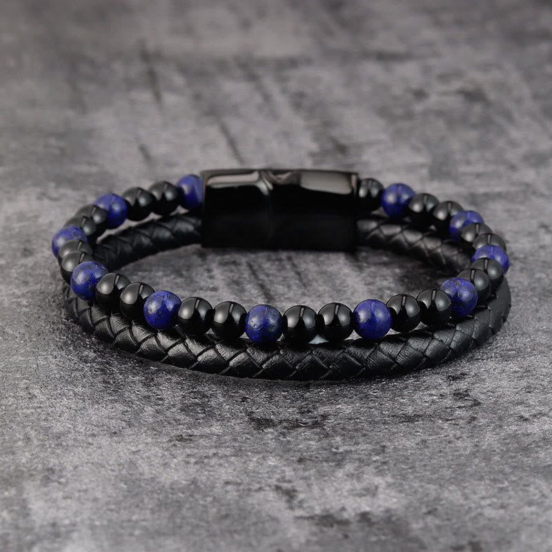 Pulsera de cuero con Buddha Stones, ónix negro, lazurita, lapislázuli, acero y titanio para el autocuidado positivo. - image 1