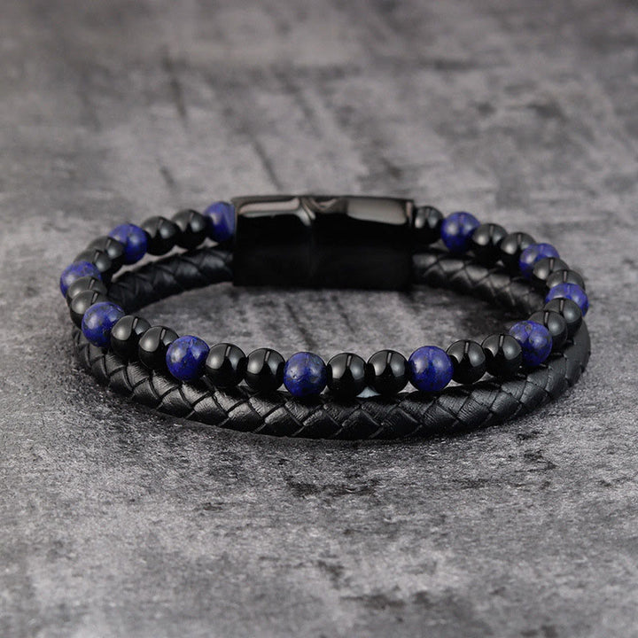 Pulsera de cuero con Buddha Stones, ónix negro, lazurita, lapislázuli, acero y titanio para el autocuidado positivo. - image 1