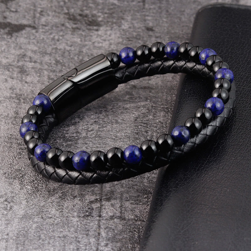 Pulsera de cuero con Buddha Stones, ónix negro, lazurita y acero de titanio para el cuidado personal positivo - image 2