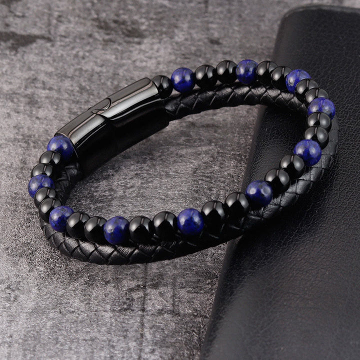 Pulsera de cuero con Buddha Stones, ónix negro, lazurita y acero de titanio para el cuidado personal positivo - image 2
