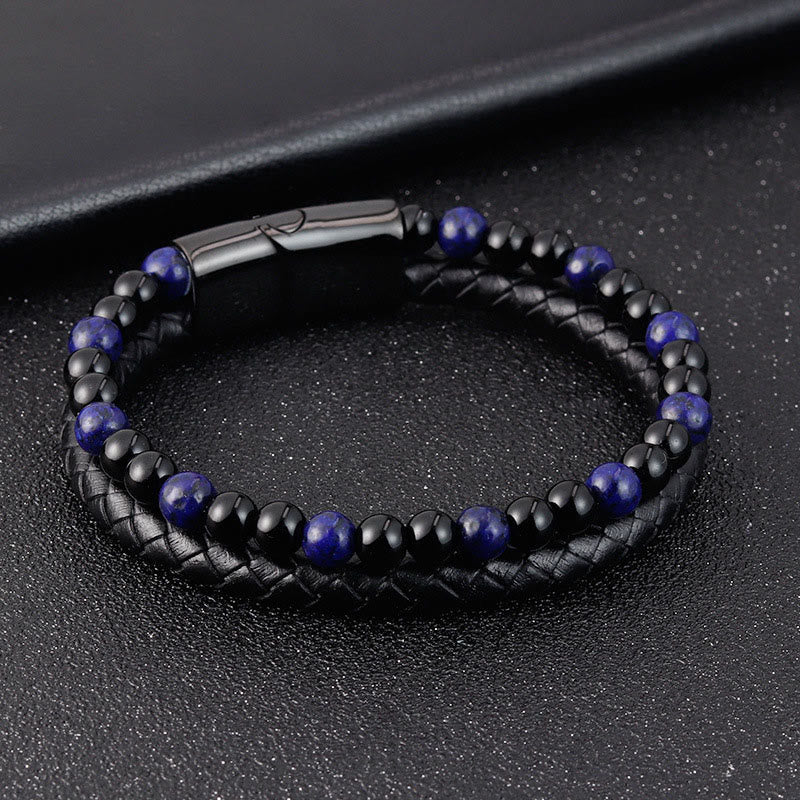 Pulsera de cuero con Buddha Stones, ónix negro, lazurita y acero de titanio para el cuidado personal positivo - image 3