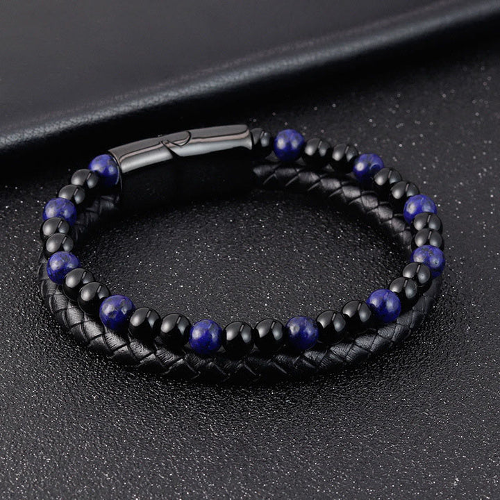 Pulsera de cuero con Buddha Stones, ónix negro, lazurita y acero de titanio para el cuidado personal positivo - image 3