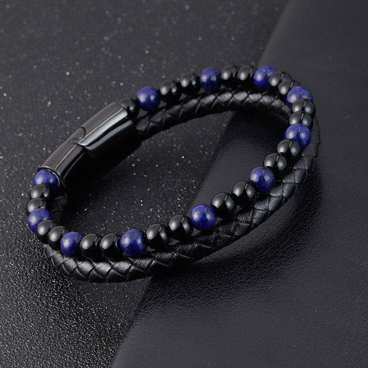 Pulsera de cuero con Buddha Stones, ónix negro, lazurita y acero de titanio para el cuidado personal positivo - image 4
