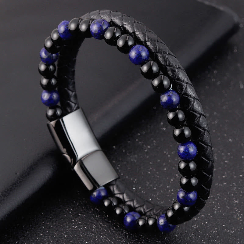 Pulsera de cuero con Buddha Stones, ónix negro, lazurita y acero de titanio para el cuidado personal positivo - image 9