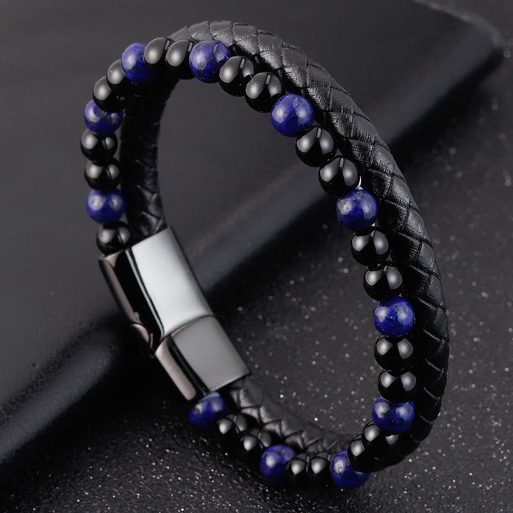 Pulsera de cuero con Buddha Stones, ónix negro, lazurita y acero de titanio para el cuidado personal positivo - image 9