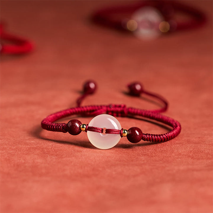 Pulsera de conexión con hilo rojo, hebilla de la paz con Buddha Stones, nudo plano de ágata blanca y nudo de diamante. - Nudo de diamante Cuerda rojo oscuro - image 12