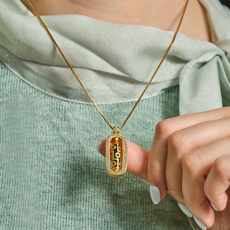 Collar con colgante de la suerte de nueve ojos con cuentas Dzi de latón chapado en oro de 24k y Buddha Stones - image 5