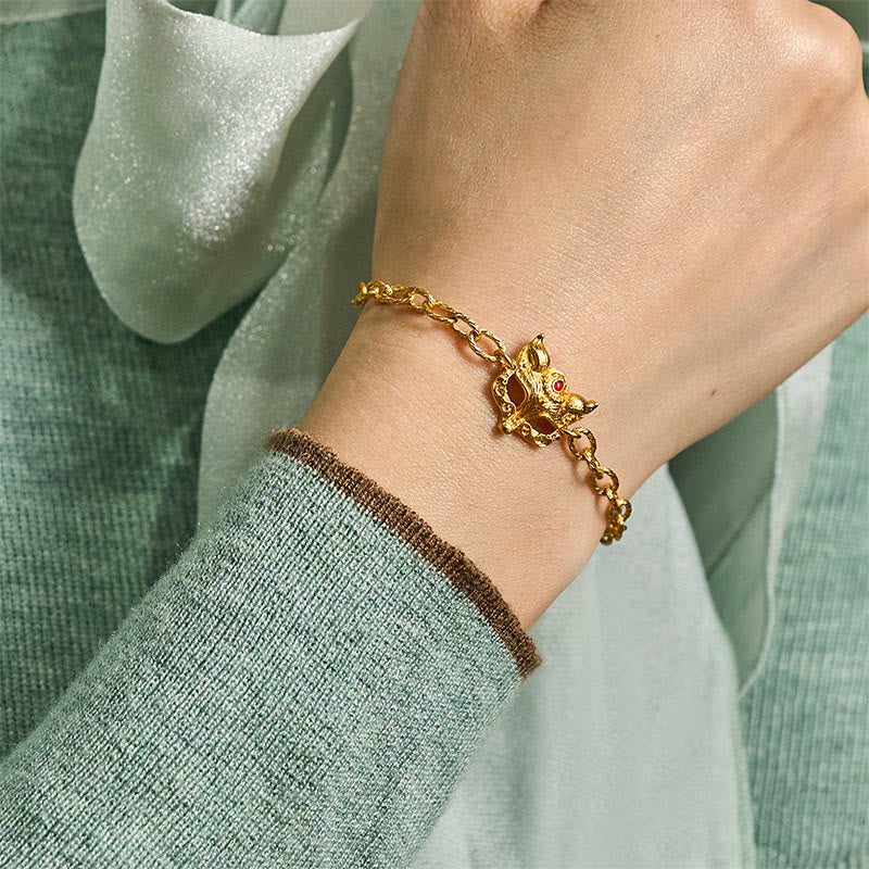 Pulsera de cadena con dije de corazón y diseño de zorro en latón chapado en oro de 24k con Buddha Stones - image 6