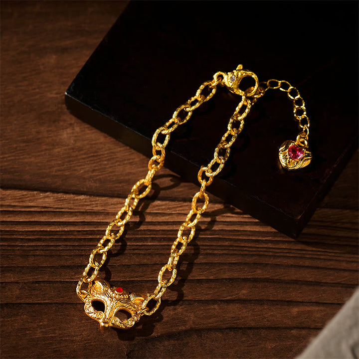 Pulsera de cadena con dije de corazón y diseño de zorro en latón chapado en oro de 24k con Buddha Stones - image 5