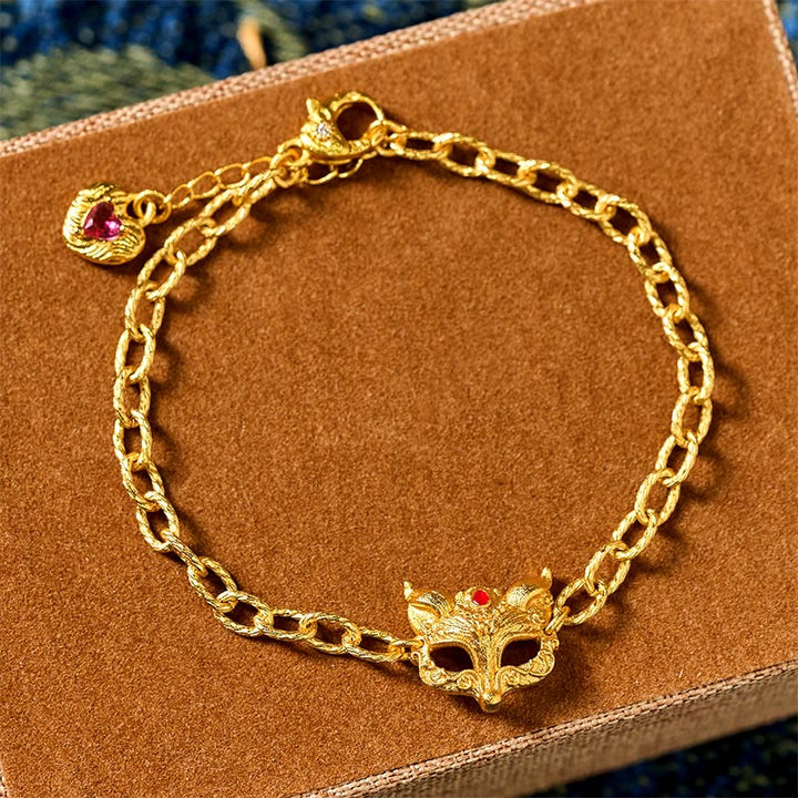 Pulsera de cadena con dije de corazón y diseño de zorro en latón chapado en oro de 24k con Buddha Stones - image 4