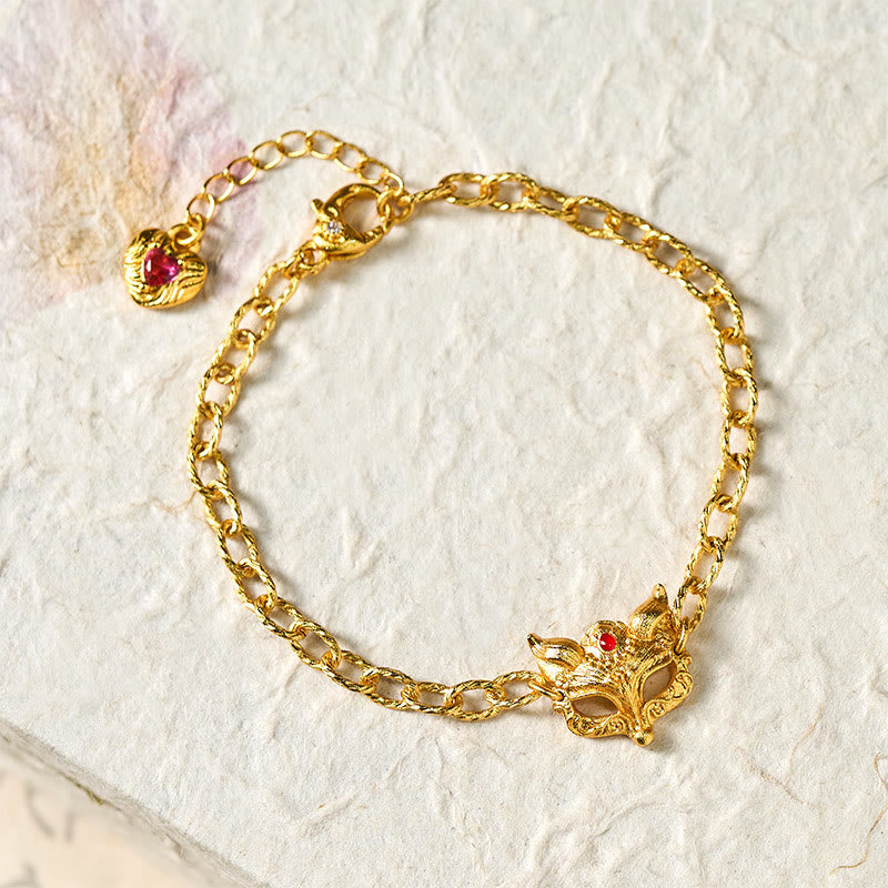 Pulsera de cadena con dije de corazón y diseño de zorro en latón chapado en oro de 24k con Buddha Stones - image 1