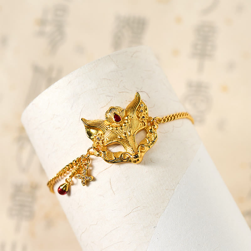 Pulsera con colgante de máscara de zorro de latón chapado en oro de 24k con Buddha Stones y cadena con borla - image 4