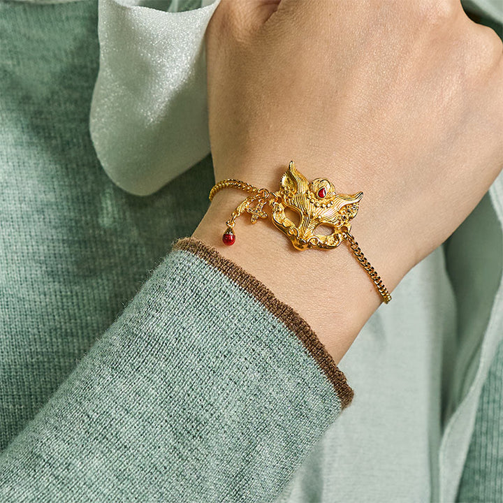 Pulsera con colgante de máscara de zorro de latón chapado en oro de 24k con Buddha Stones y cadena con borla - image 6