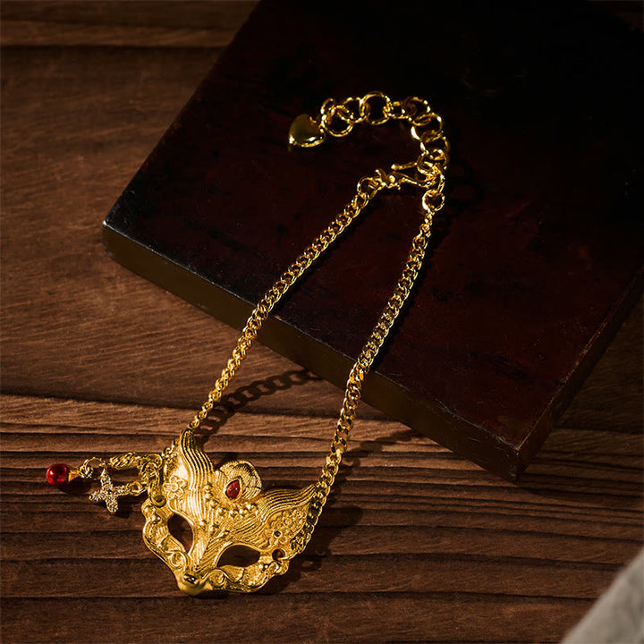Pulsera con colgante de máscara de zorro de latón chapado en oro de 24k con Buddha Stones y cadena con borla - image 2