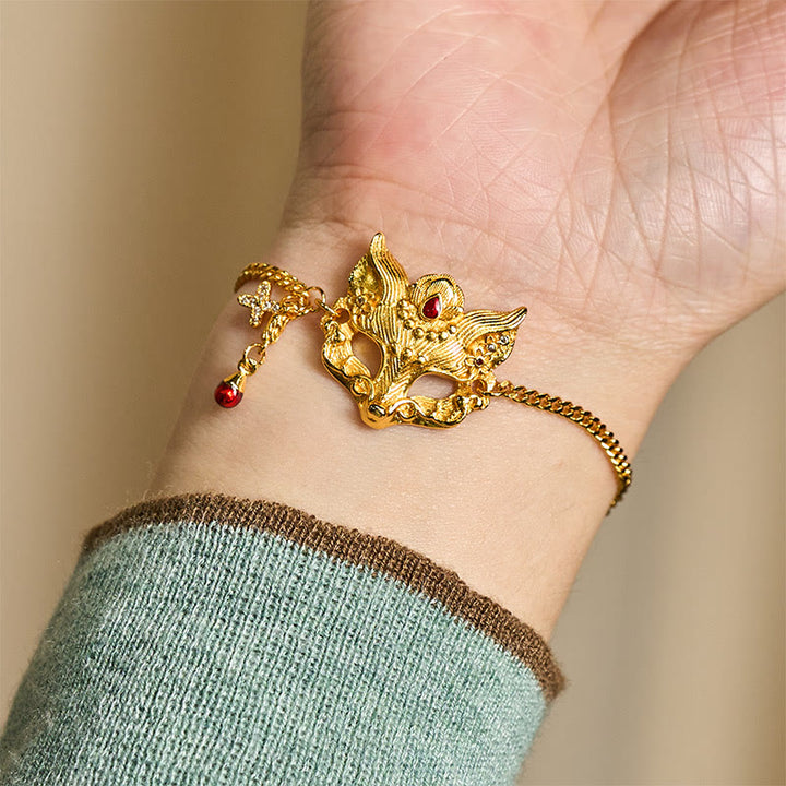 Pulsera con colgante de máscara de zorro de latón chapado en oro de 24k con Buddha Stones y cadena con borla - image 7