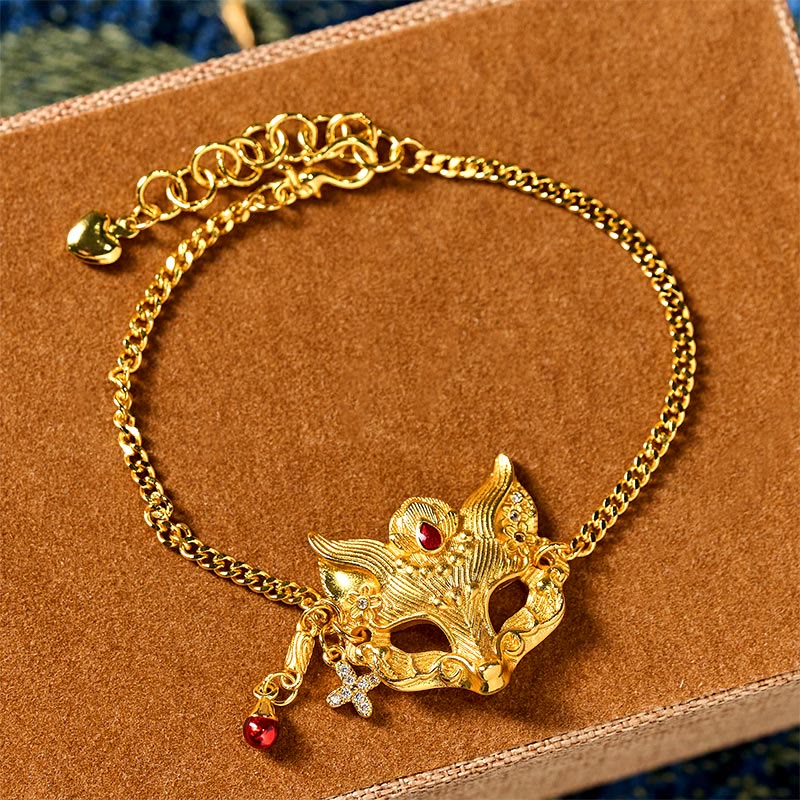 Pulsera con colgante de máscara de zorro de latón chapado en oro de 24k con Buddha Stones y cadena con borla - image 1