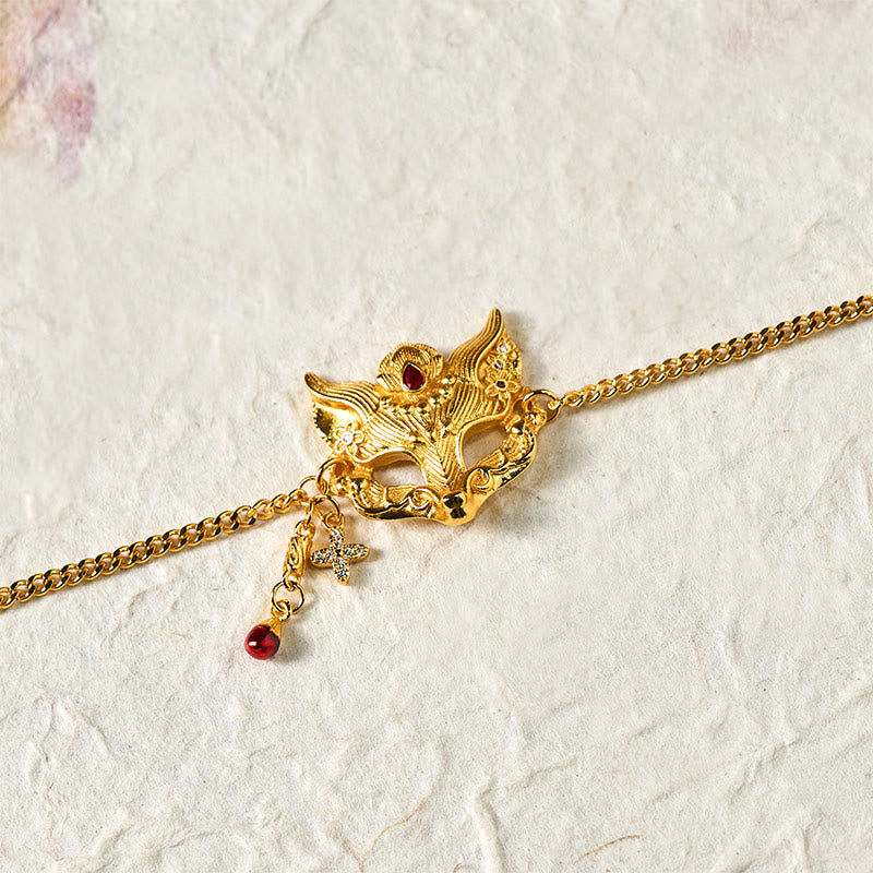 Pulsera con colgante de máscara de zorro de latón chapado en oro de 24k con Buddha Stones y cadena con borla - image 5