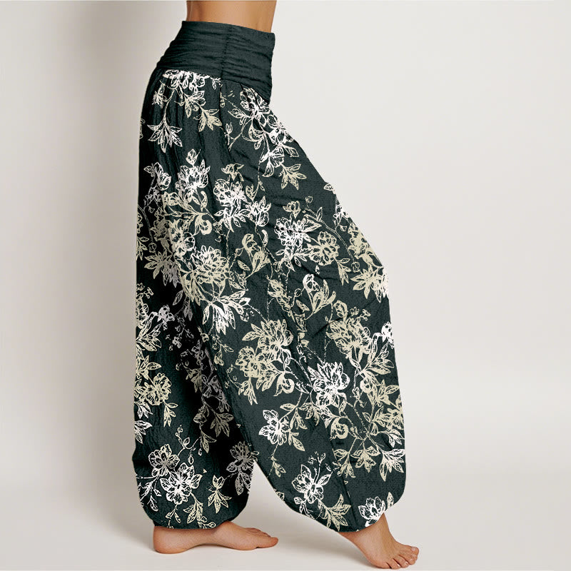 Pantalones bombachos de mujer con cintura elástica y estampado retro de pétalos en capas de algodón con Buddha Stones - image 2