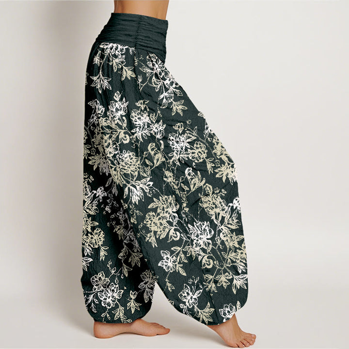 Pantalones bombachos de mujer con cintura elástica y estampado retro de pétalos en capas de algodón con Buddha Stones - image 2