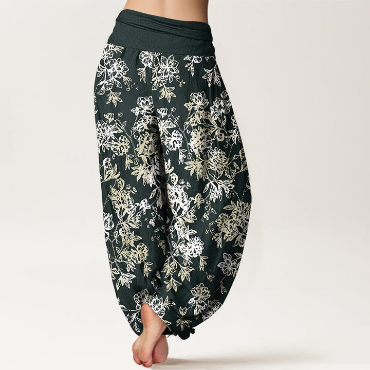 Pantalones bombachos de mujer con cintura elástica y estampado retro de pétalos en capas de algodón con Buddha Stones - image 1