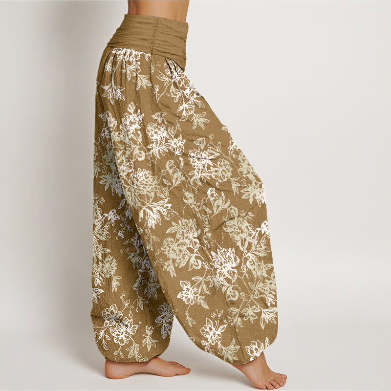 Pantalones bombachos de mujer con cintura elástica y estampado retro de pétalos en capas de algodón con Buddha Stones - image 7